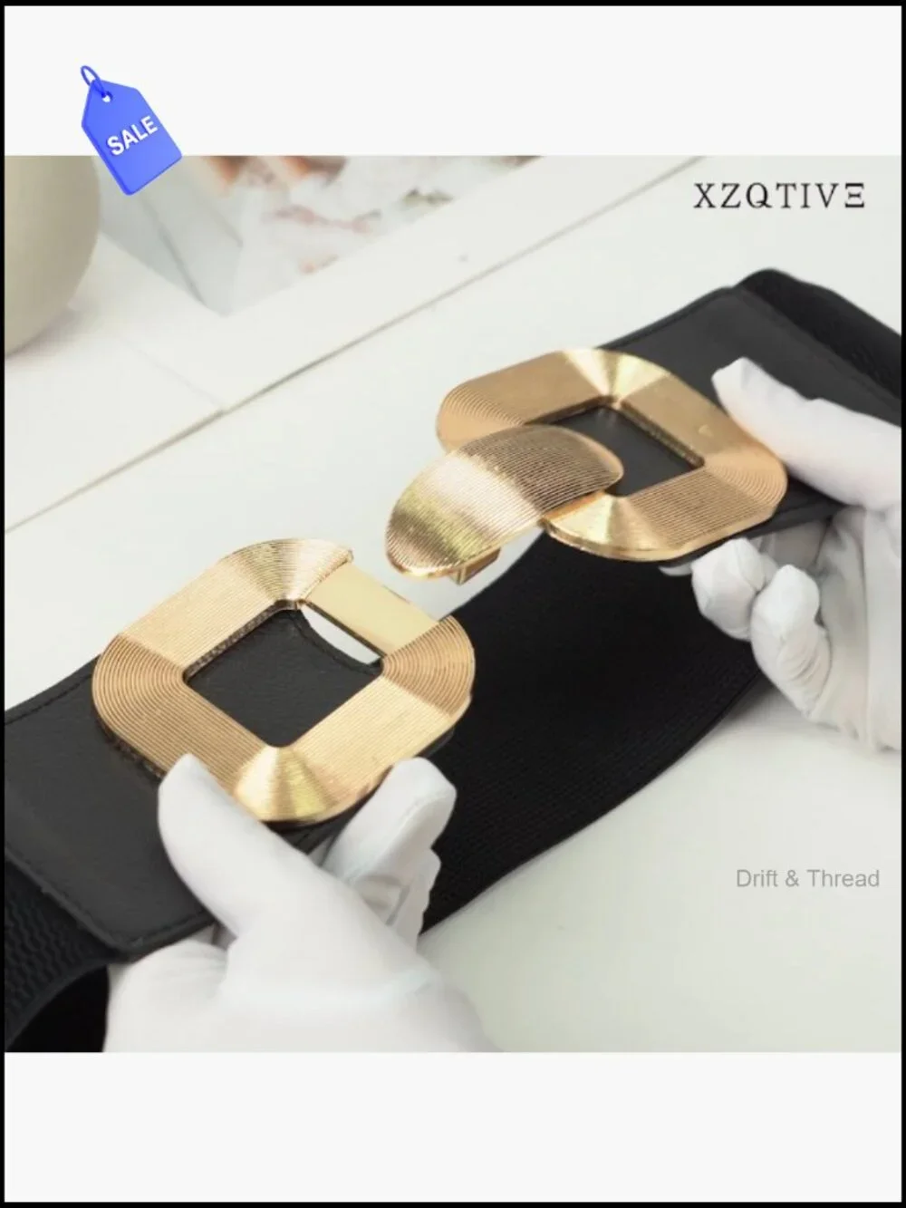 Wide Elastic Stretchy Belt with Gold Buckle for Dresses 3 inch